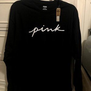 NWT Victoria's Secret Pink Medium Long Sleeve Black Logo Shirt